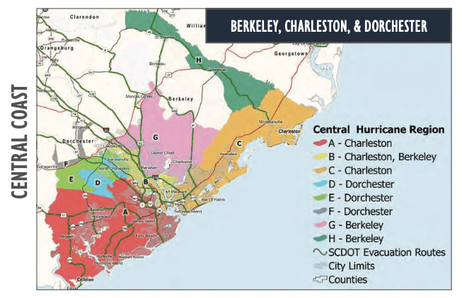 Map of South Carolina showing hurricane zones by color codes